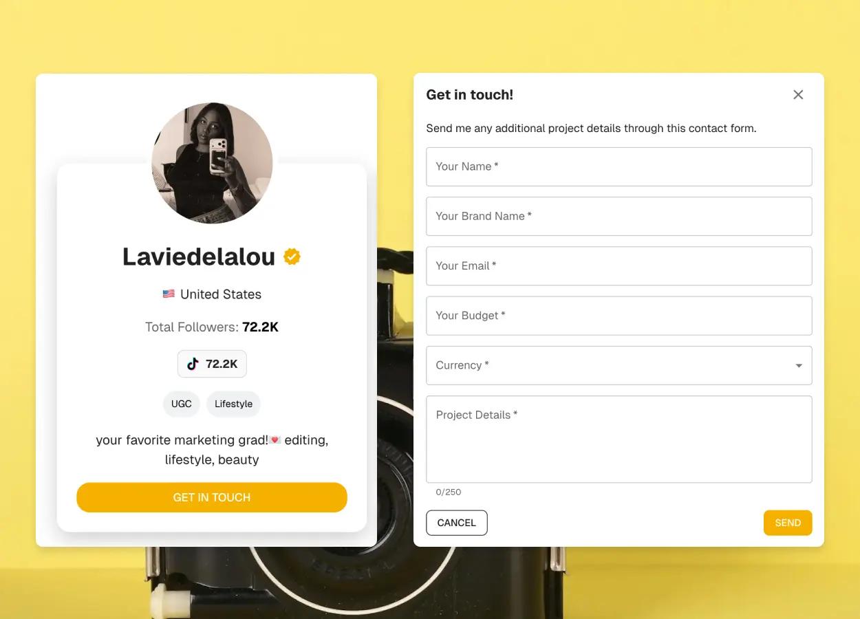Media kit contact form that sends brand inquiries into CreatorsJet Deals